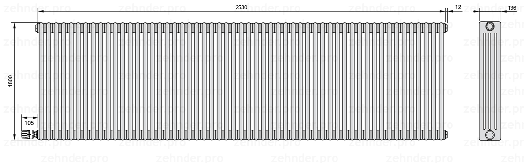 Схема (чертеж) Радиатор Zehnder Charleston 4180/55 №V003 Белый глянцевый RAL 9016